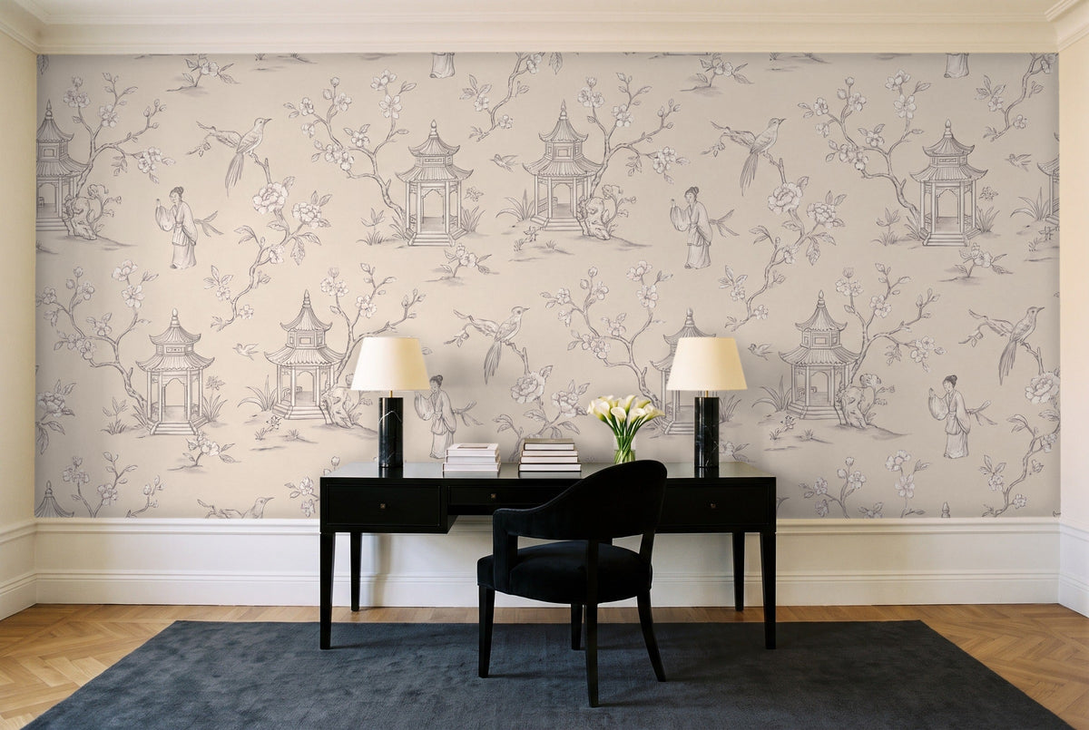 White Chinoiserie Mural in a home office