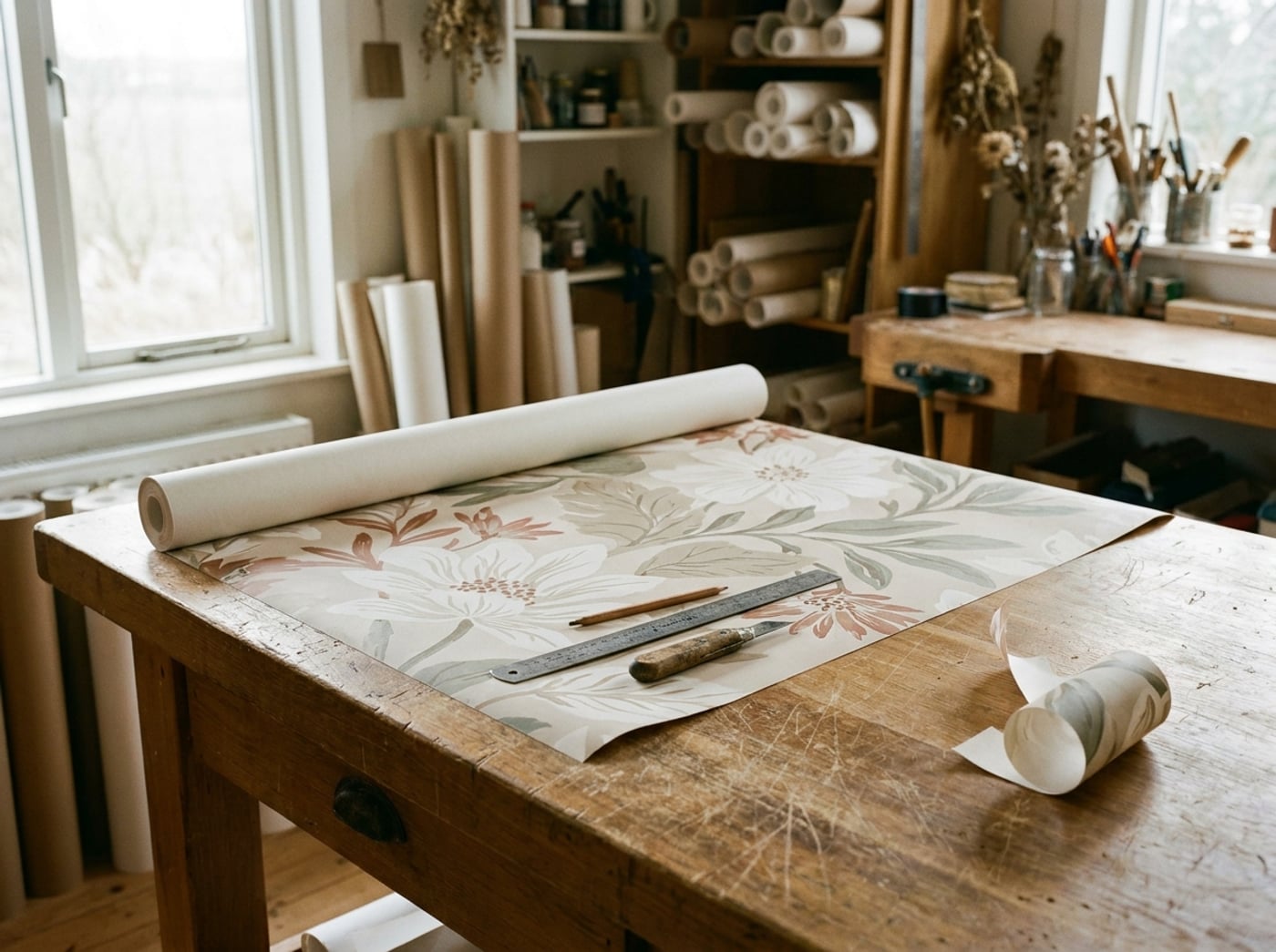 A roll of freshly printed mural wallpaper