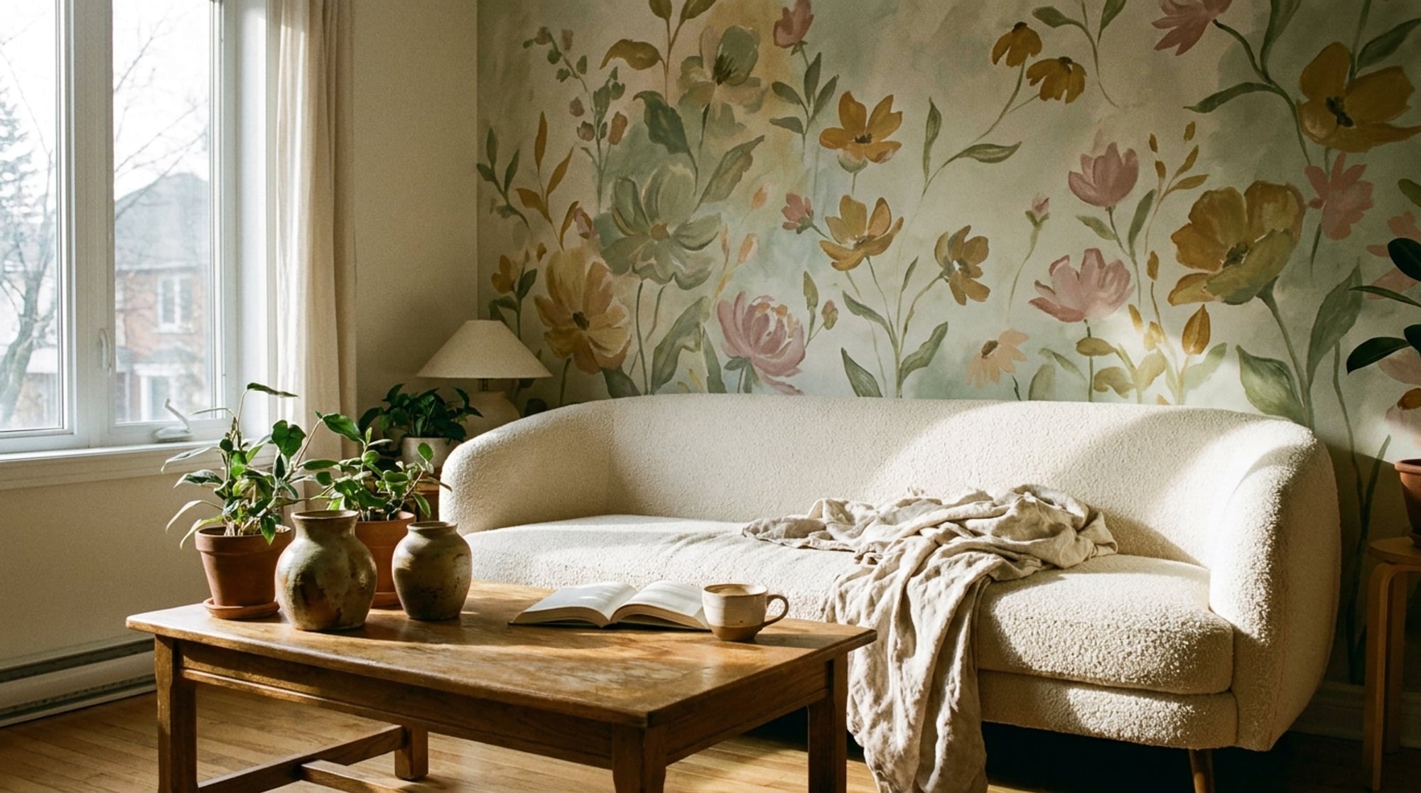 A Casavono floral mural in a calm living room