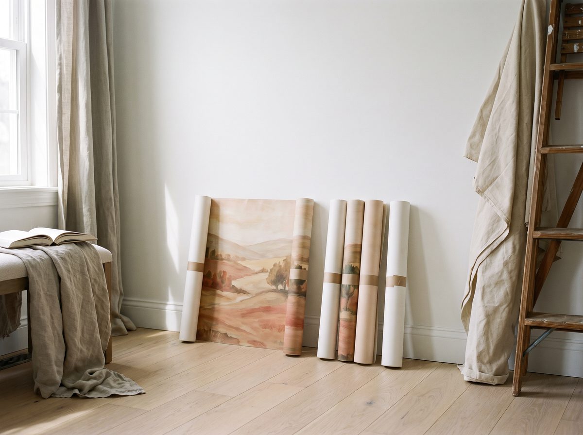 Rolled mural panels, numbered and ready in hanging order