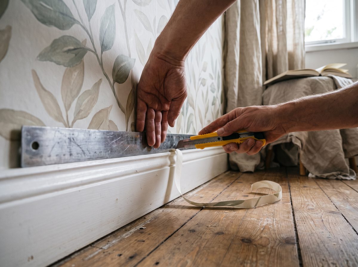 Trimming the excess of a mural along the skirting board