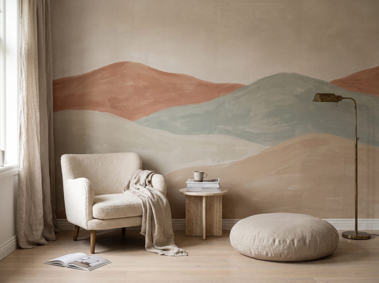 A painted landscape mural in a calm living room