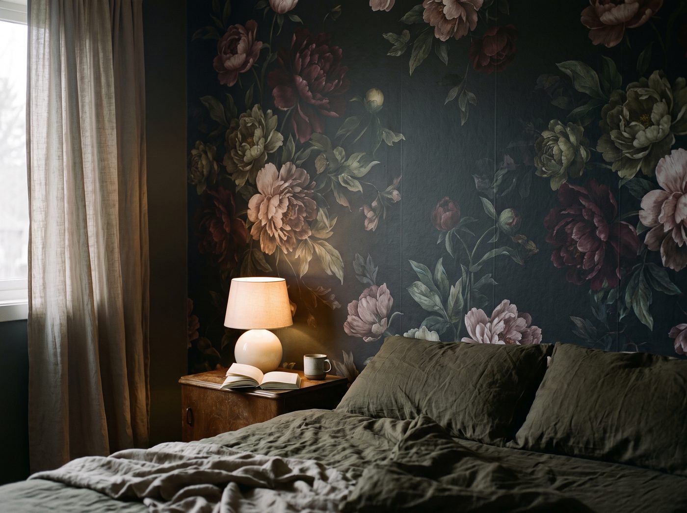 A dark peony mural in a moody bedroom corner