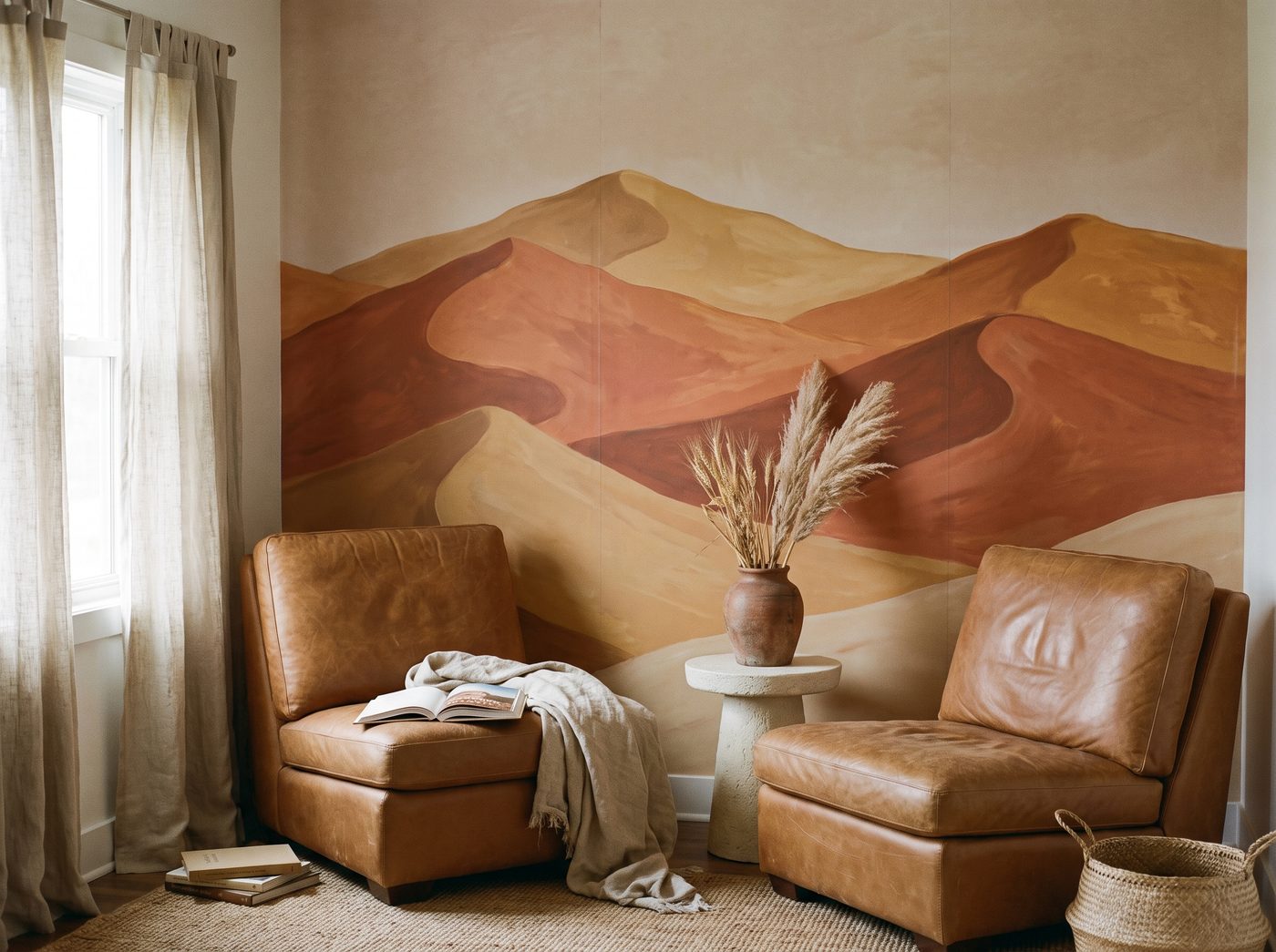 A dune mural in terracotta and sand behind a leather lounge chair
