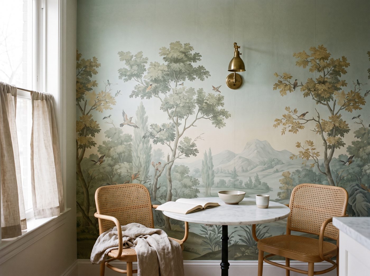 A heritage style scenic mural in a dining nook