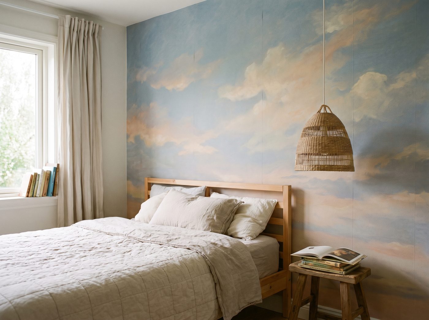 A painterly dusk sky mural in a bedroom corner